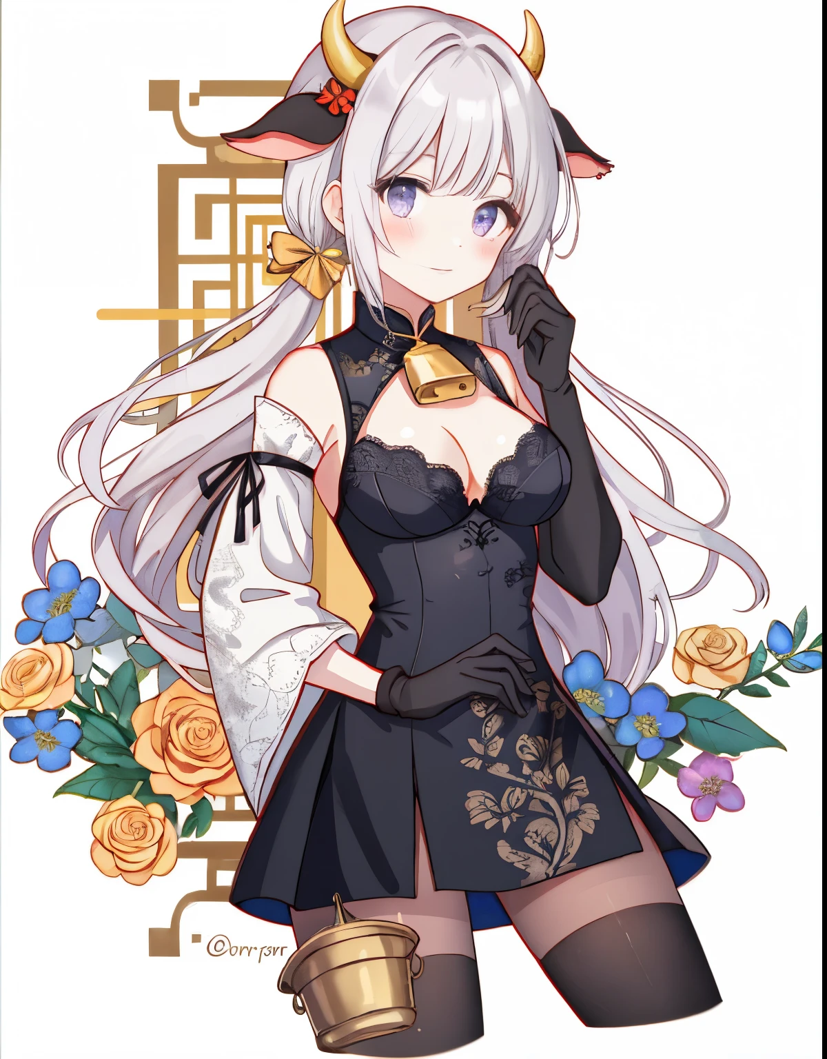 white wall, by bangs, cropped shoulder, bell, black gloves, black tights,  blush, chest, china knot, sleeve, east asian architecture, flower knot, mitt, cow horn, white long hair, looking at the viewer, medium breasts, Neckbells, night, exterior, lace pantyhose, purple eyes, temple, alone, nipple tassel, 白いsleeve,8K quality