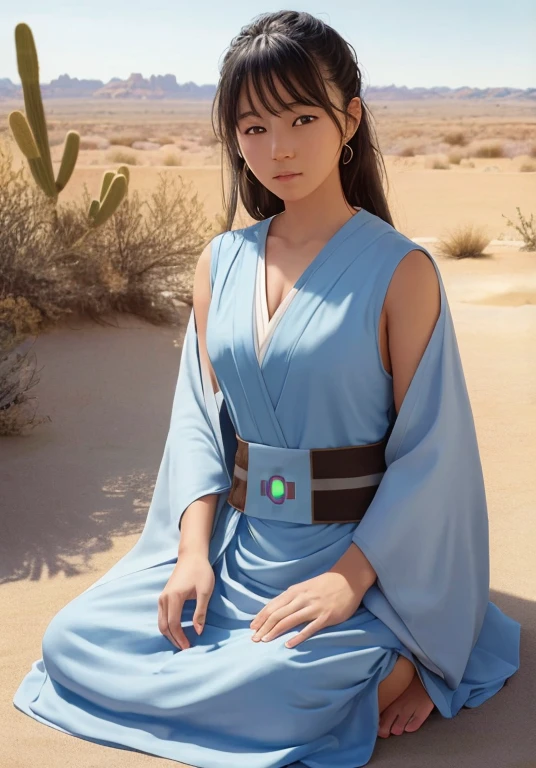 (jedi meditation:1.3), calm photos,1 girl, Jedi Master in deep meditation, In Jedi costumes, sitting cross-legged, (desert oasis:1.1), Surrounded by Blooming Desert Flowers, be in harmony with the force, spiritual retreat, transcendental tranquility, desert enlightenment, disorganized, HDR, Super detailed illustrations, highly detailed face, Raw photo, film grain, skin pores, trending on deviantart