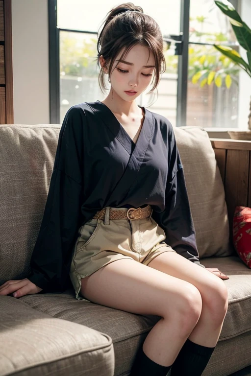 beautiful girl,lightly dressed,shorts,ponytail,Japanese,brown hair,close eyes,,sofa