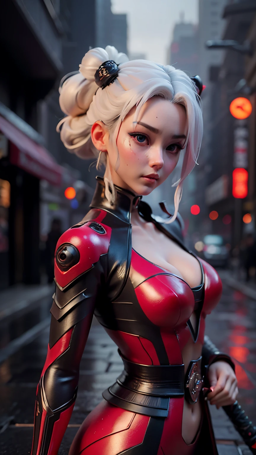 masterpiece, UHD, female, wearing a revealing spiderman suit, (detailed face:1.5), (front view:1.5), (spiderman suit:1.3), (cleavage:1.4), exposed cleavage, wide buttocks, big breasts, city landscape background, (citylandscape:1.2), crouching down, (crouching down at the ground:1.5), (landing pose:1.4), (low height shot:1.5), looking at the viewer, (blue eyes:1,2), ((white hair:1.3)), (ponytail hairstyle:1.4), shaded face, (light above the head:1.3), (long range shot:1.5), clear hands, (detailed hands:1.5)