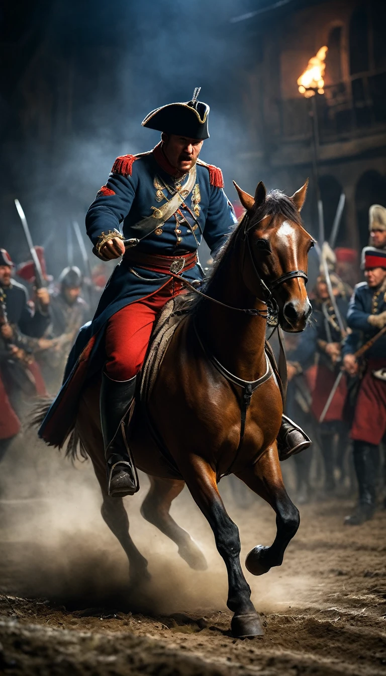 Depict the relentless pursuit of Russian and Cossack troops, attacking Napoleon's vulnerable forces from all sides, background dark, hyper realistic, ultra detailed hyper realistic, photorealistic, Studio Lighting, reflections, dynamic pose, Cinematic, Color Grading, Photography, Shot on 50mm lens, Ultra-Wide Angle, Depth of Field, hyper-detailed, beautifully color, 8k