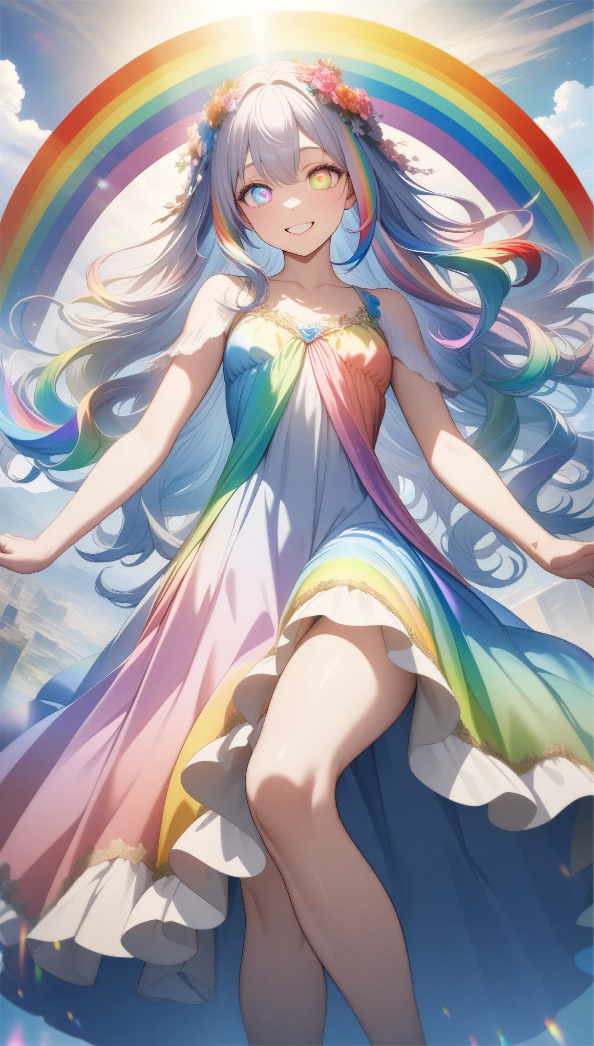 32k, best quality, ultra high res, HDR, UHD, extremely detailed CG, unity 32k wallpaper, (((🌈))), (((masterpiece))), (((best quality))), (((ultra-detailed))), (((illustration))), (((an extremely delicate and beautiful))), (((beautiful eyes))), (((circle rainbow))), girl, (((rainbow dress))), (((happy smile))), (((rainbow long hair))), (((rainbow eyes))), 