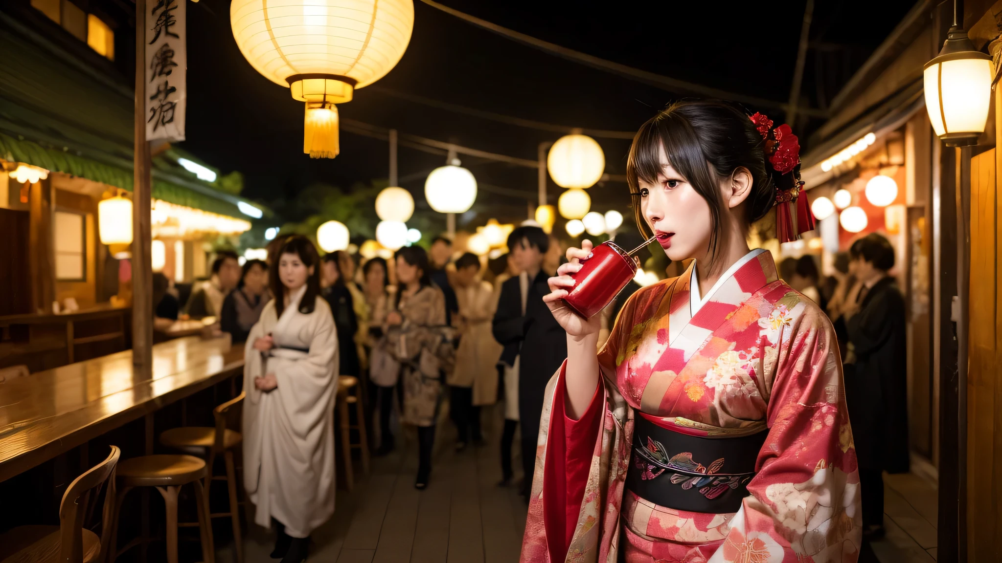 Japanese drinking district、Many red lanterns、Woman in Kimono