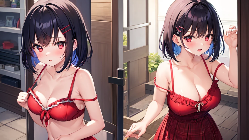 NFSW、masterpiece、Highest image quality、ultra high resolution、Medium-sized elementary school girl、red and large eyes,、black short hair、The inside of the hair has blue coloring.、(Two red hairpins)、red face、shyly、excited、、Sensual gravure idol、seductive pose、poses that invite sex