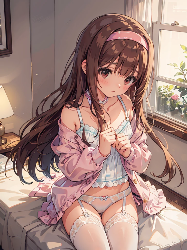 beautiful illustrations, highest quality, pretty girl, 1girl, Bedroom, pastel colour, (two-separated lingerie), reddish brown long hair, headband, cute lingerie, bright lighting