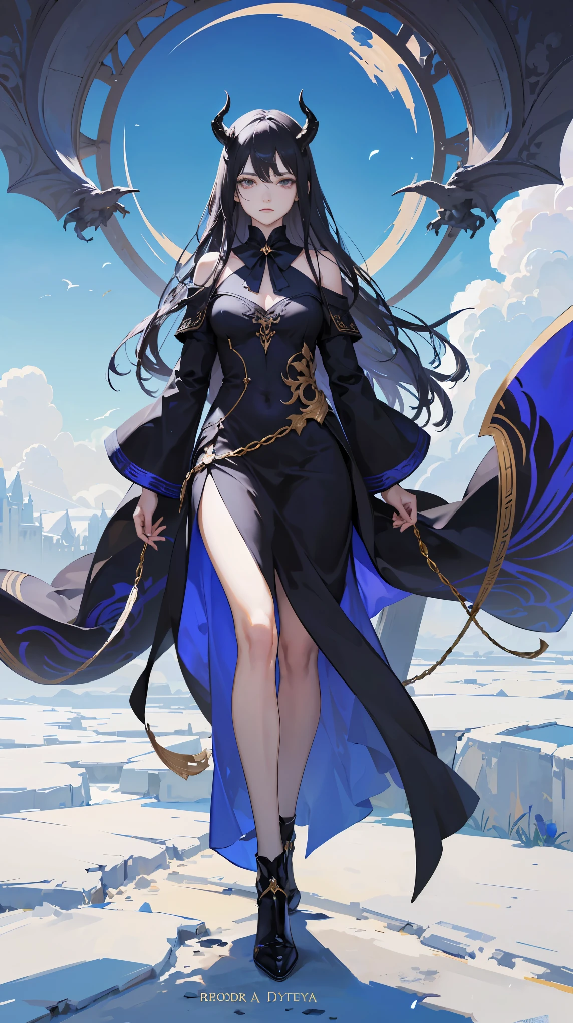 Seven Rhaeyar (Deylta), Ancient Star goddess, Perfect female anatomy (Adult Female, 166cm in height, pale skin, slim, slender, 34D breast size, Gray colored eyes, Long Straight Black Hair, Beauty Mark Mole on right cheek bone, a set of black horns on her head), Neutral facial expression, Elegant white dress with black bow tie, blue coat knee length, dragon motifs, gold and rope accessories, View of the open blue sky with only clouds, receiving light from the front, Ethereal glow, blue petals