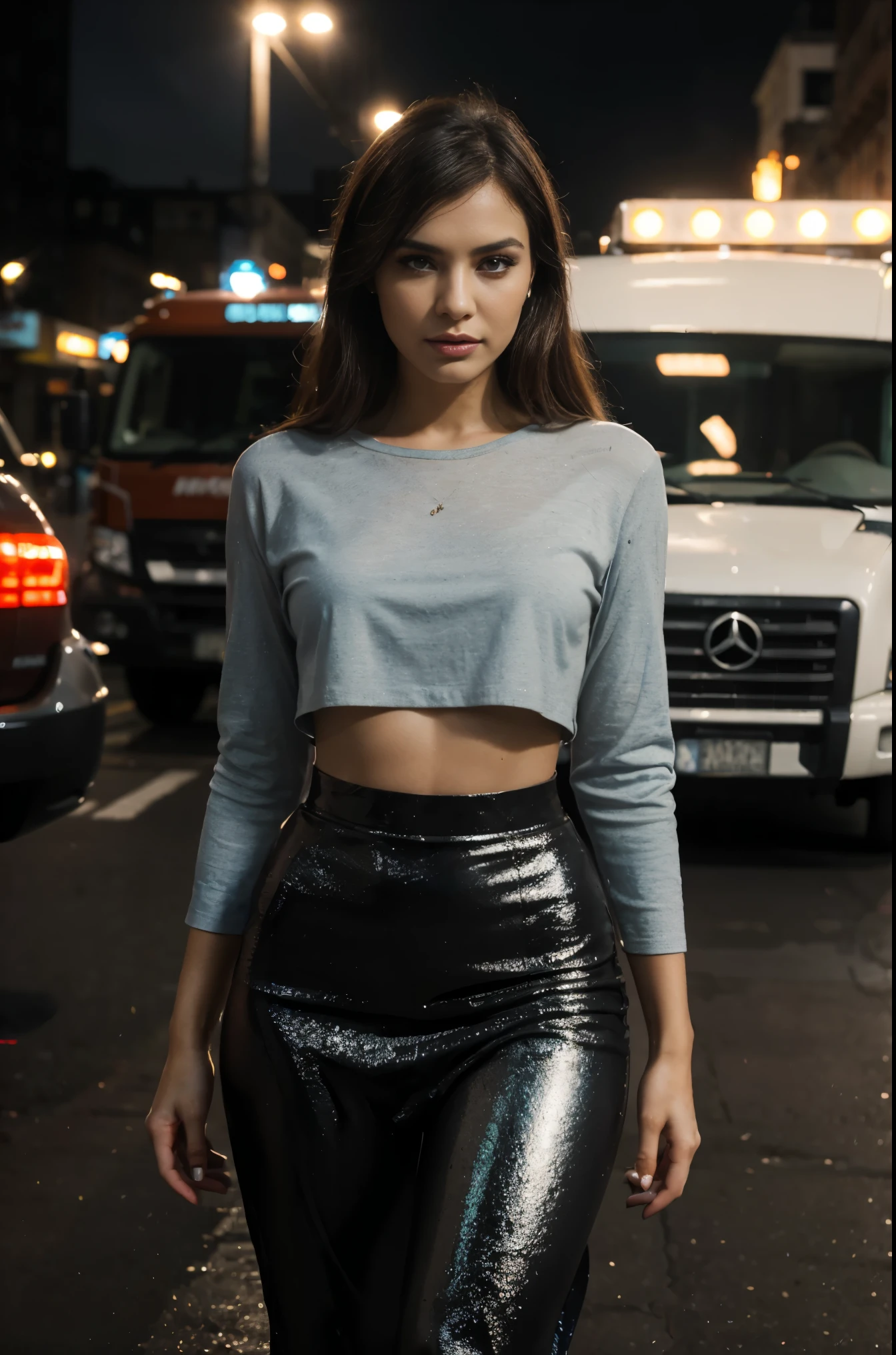 (best quality,highres:1.2),ultra-detailed,(realistic:1.37),portrait,Colombian woman,sexy work clothes,classy,confident expression,detailed facial features,beautiful eyes,luscious lips,perfectly styled hair,professional appearance,cement mixer truck driving in NYC,stunning urban backdrop,vibrant city lights,impressive skyline,flawless makeup,dramatic lighting,spotlight on the woman,high fashion,striking poses,expensive jewelry,unique sense of style,modern and trendy,impressive vehicle,meticulously designed truck,shiny metallic finish,attention to detail,embellished with stylish graphics,intricate machinery,engine roaring,intense atmosphere,powerful and energetic,city hustle and bustle,thrilling street scene,built environment,industrial vibes,gritty and authentic style,deep shadows and contrast,rich and vibrant colors,contemporary and fashionable aesthetic.