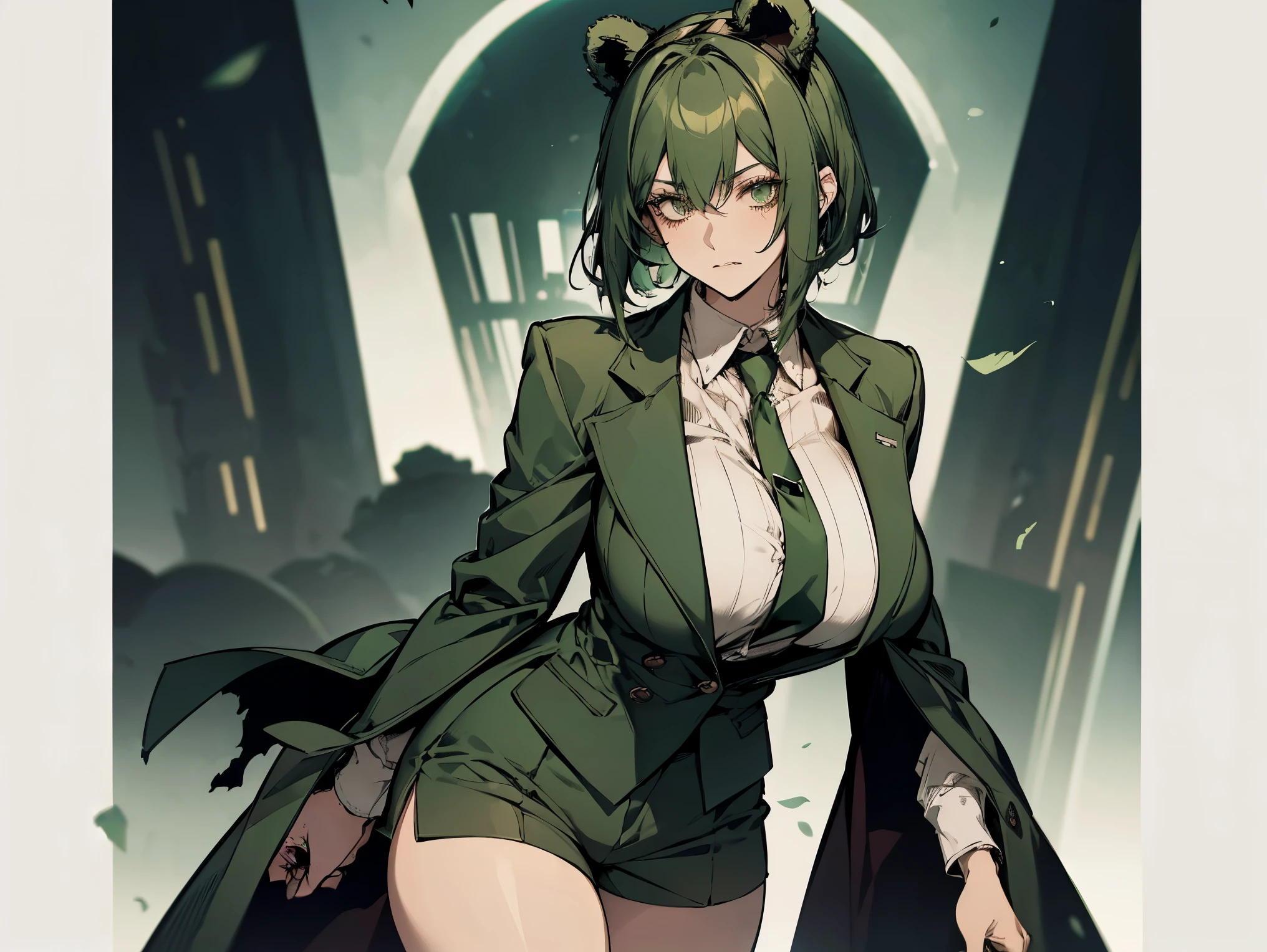 1female, teacher, wearing a dirty green tint suit, Green tie, bootyshorts, broken dirty green tint bear ears, Thicc, big breast, dirty green tint hair, Short hair, white eyes, face to detail, detailed eyes, the background is a Dark room, showing her fangs, staring into the screen.