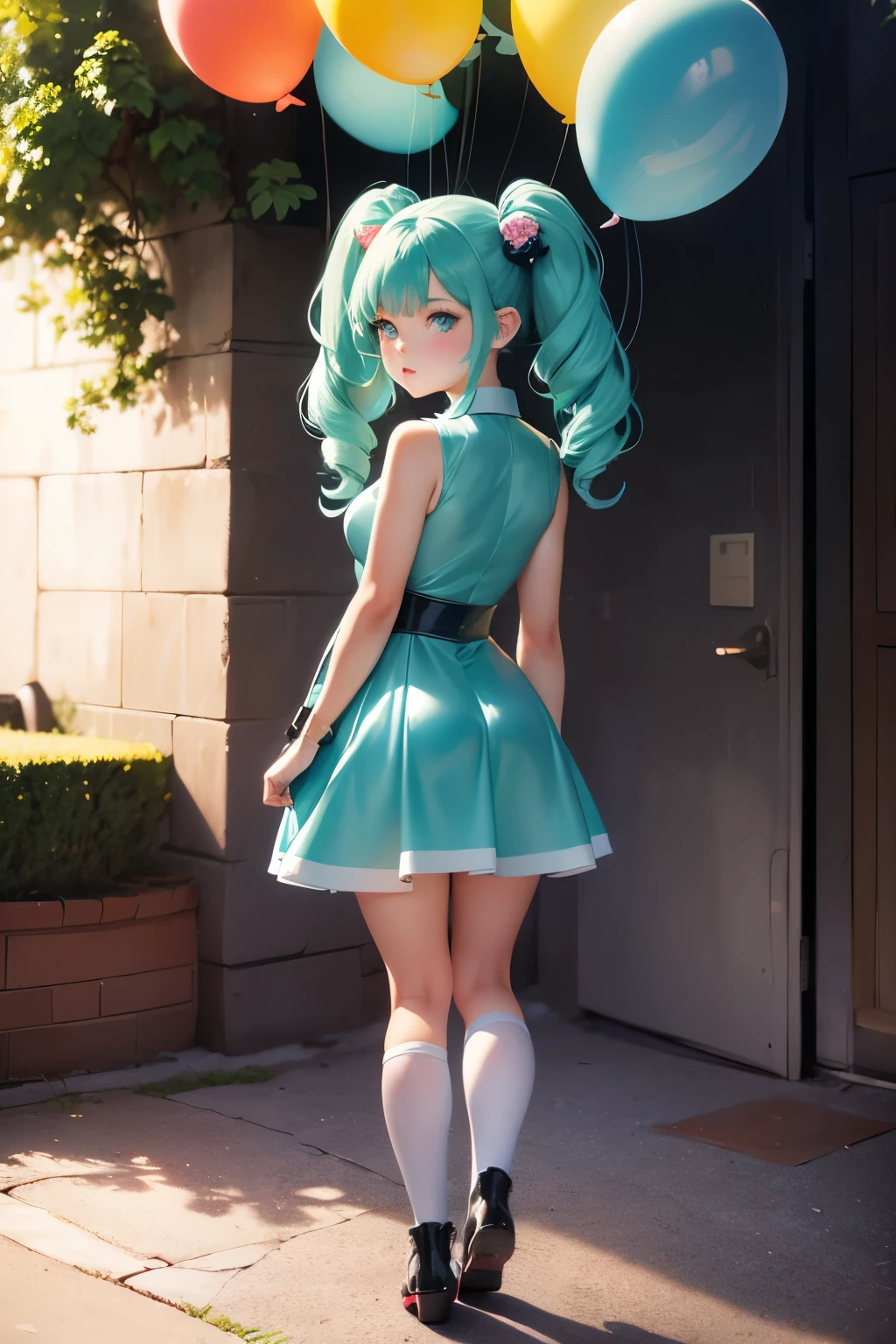  girl, ((I have a lot of balloons)) , real photos, (((full body))), (look back at me), twin tails, (Mint blue leather dress), cyber punk , ((sunlight))、butt、Cute Girls in Anime