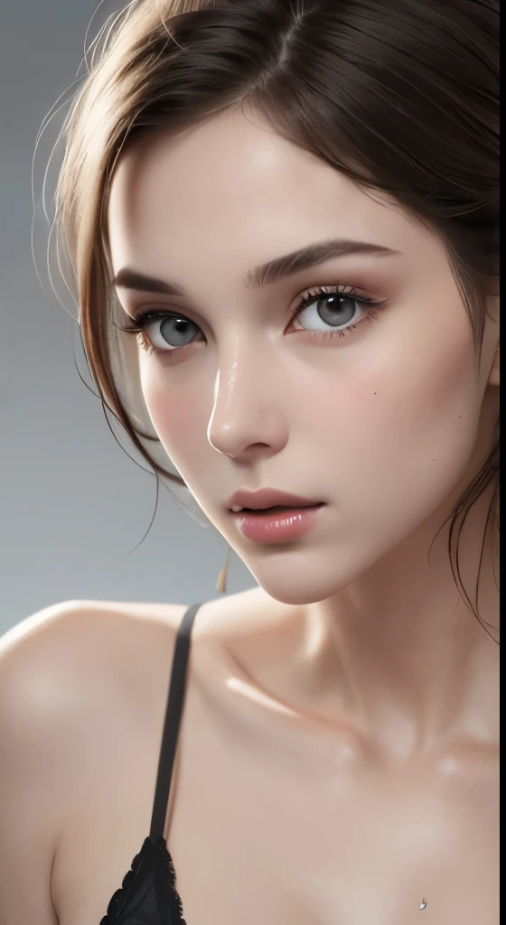 8k uhd、RAWphotograph、モデルphotograph撮影、Russian Race, European race, (masterpiece, highest quality, photorealistic, High resolution, photograph: 1.3), Close-up, Focusing, hot models, slim, 30 year old mature woman、small face、short cut hair、dark brown hair、Detailed beautiful eyes、realな肌, (perfect body), Sexy hot face, erotic, sexual gaze, slim, Sweat top, Detailed beautiful eyes、glossy lips、small breasts、、bust B cup、((bright light、dynamic lighting、real、超real、 realism、realistic details、Cool Beauty、cool pose、background gray、Plain gray background