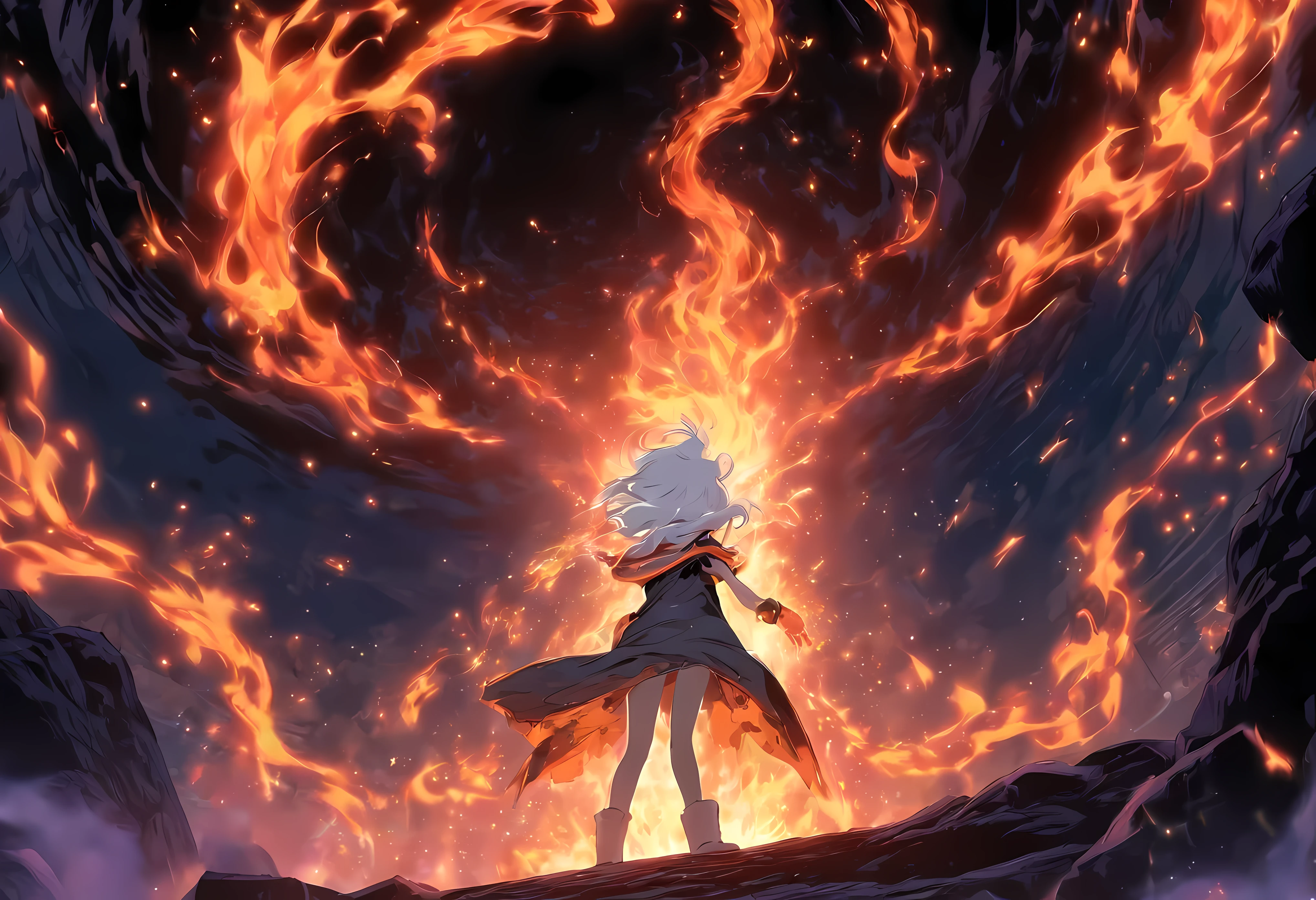 (masterpiece, detailed, highres, underground, ancient portal, flame, sparks, black hole, singularity:1.6), (1girl, , white hair, barefoot:1.4) (from behind, looking away from viewer:1.2)