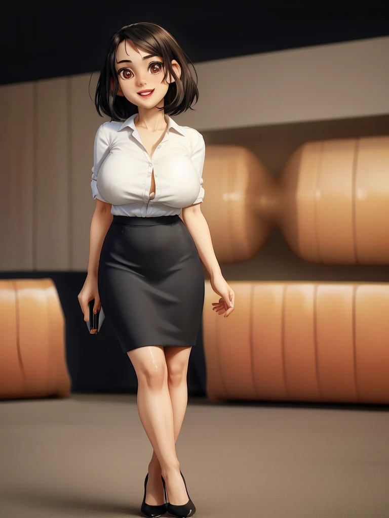 Young in innocent girl, masterpiece, ,(solo:1.1), sexy, office, heels, pencil skirt, brunette, black hair, perfect beautiful face, big candid smile, open mouth.