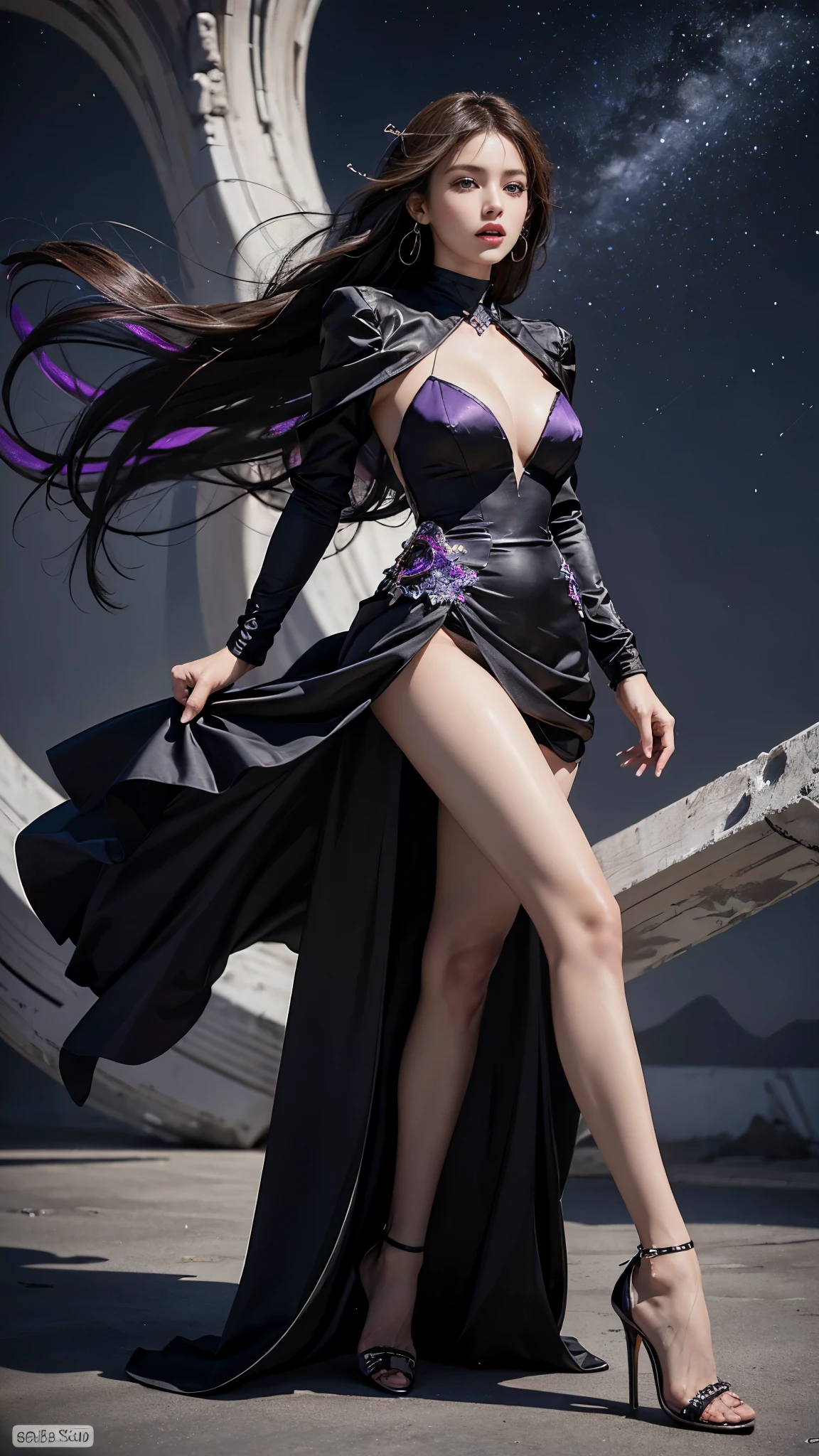 highest quality,masterpiece,ultra high resolution,(actual:1.4),original photo,ultra high resolution，8K，there is a woman，Fair skin，Big wave diamond purple and cool black collaboration dress:1.5，high heels，long legs:1.5，bright and beautiful，high waist，Flashy makeup with red eyeshadow，