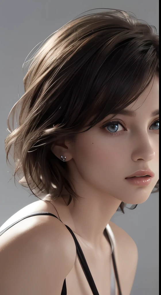 8k uhd、RAWphotograph、モデルphotograph撮影、Russian Race, European race, (masterpiece, highest quality, photorealistic, High resolution, photograph: 1.3), Close-up, Focusing, hot models, slim, 30 year old mature woman、small face、short cut hair、dark brown hair、Detailed beautiful eyes、realな肌, (perfect body), Sexy hot face, erotic, sexual gaze, slim, Sweat top, Detailed beautiful eyes、glossy lips、small breasts、、bust B cup、((bright light、dynamic lighting、real、超real、 realism、realistic details、Cool Beauty、cool pose、background gray、Plain gray background