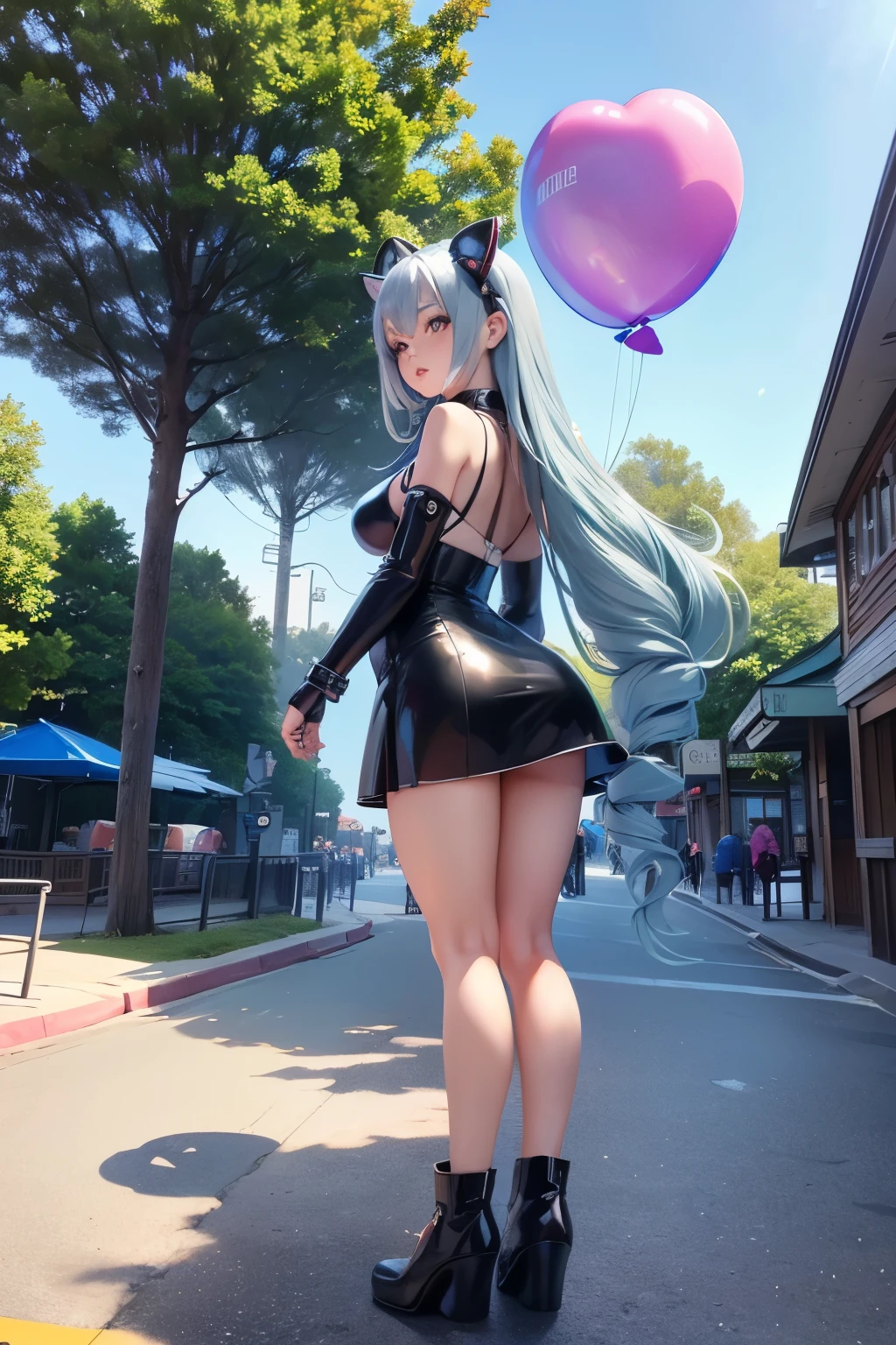 1５old girl, ((I have a lot of balloons)) , real photos, (((full body))), (look back at me), Long twin-tailed silver hair, (Light Blue Leather Dress), cyber punk , ((sunlight))、butt､anime cute girl、Theme park background、ideal style、detailed face、Low - Angle、judgement