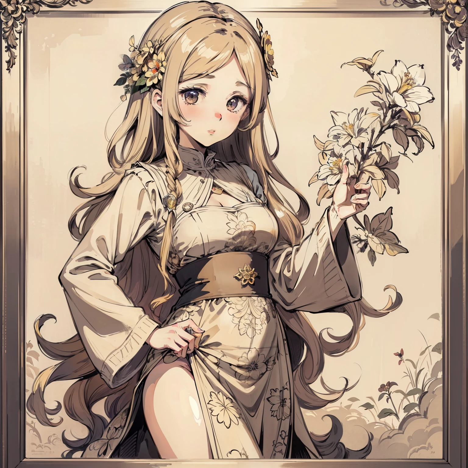 European woman face portrait, Long curly hair, Blonde, flower frame, decorative panel, abstraction, author:Alphonse Mochi (masterpiece, best quality, High resolution: 1.4), detailed, intricate details, 4K, color splash, line art, Fibonacci, wear underwear