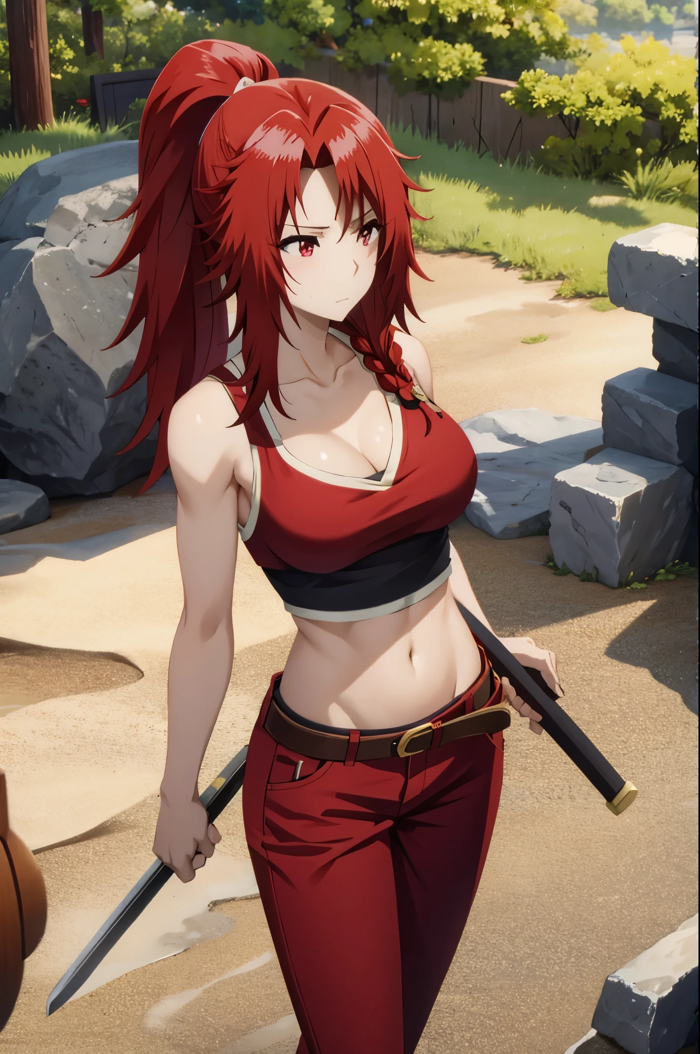 masterpiece, best quality, highres, fairy tail, 1girl, long hair, red hair, ponytail, white ribbon, hair over one eye,red eyes, large breasts, collarbone, chest sarashi, bandage, bare arms, midriff, red hakama, red pants, standing, holding weapon, sword, katana, outdoors, muscular female, sweating, wet, steaming body,
