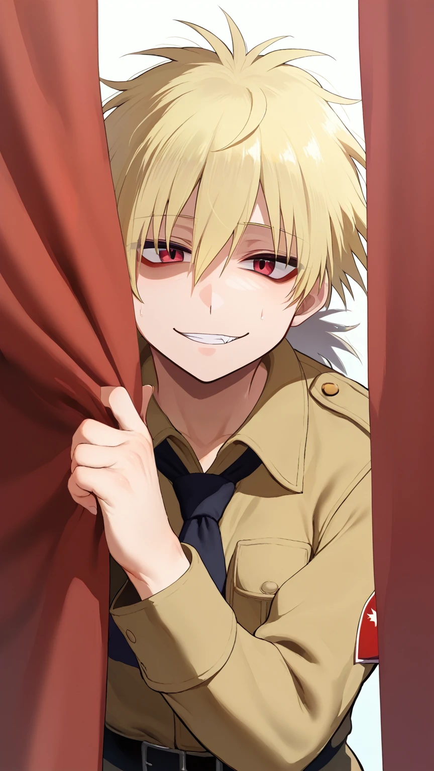 score_9_up score_8_up score_7_up, 1girl hellsing, messy hair, seras, just woke up, tired,  vampire, fangs, detailed, iku, ikuchan, peeking out, curtains, smile, blonde hair, red eyes