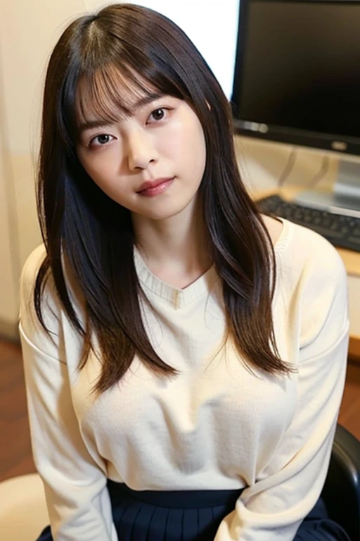 highest quality, 16k, girl, 48 years old, Raw photo, professional photography, portrait, late night office,dark lighting、 Weak contrast、professional lighting, alone, sitting in front of the computer、笑face, close, face, close, cute, girly, goddess, 繊細なgirl, pure beauty, Digital single-lens reflex camera, avert your eyes, Frank, Sophisticated, film grain, (目とfaceの詳細:1.0), long hair swaying in the wind, bangs, (tight white cashmere sweater、Vneck)、navy pleated skirt、smooth and beautiful thighs、beautiful feet、(big breasts:1.6)、cleavage、cute hanging eyes、