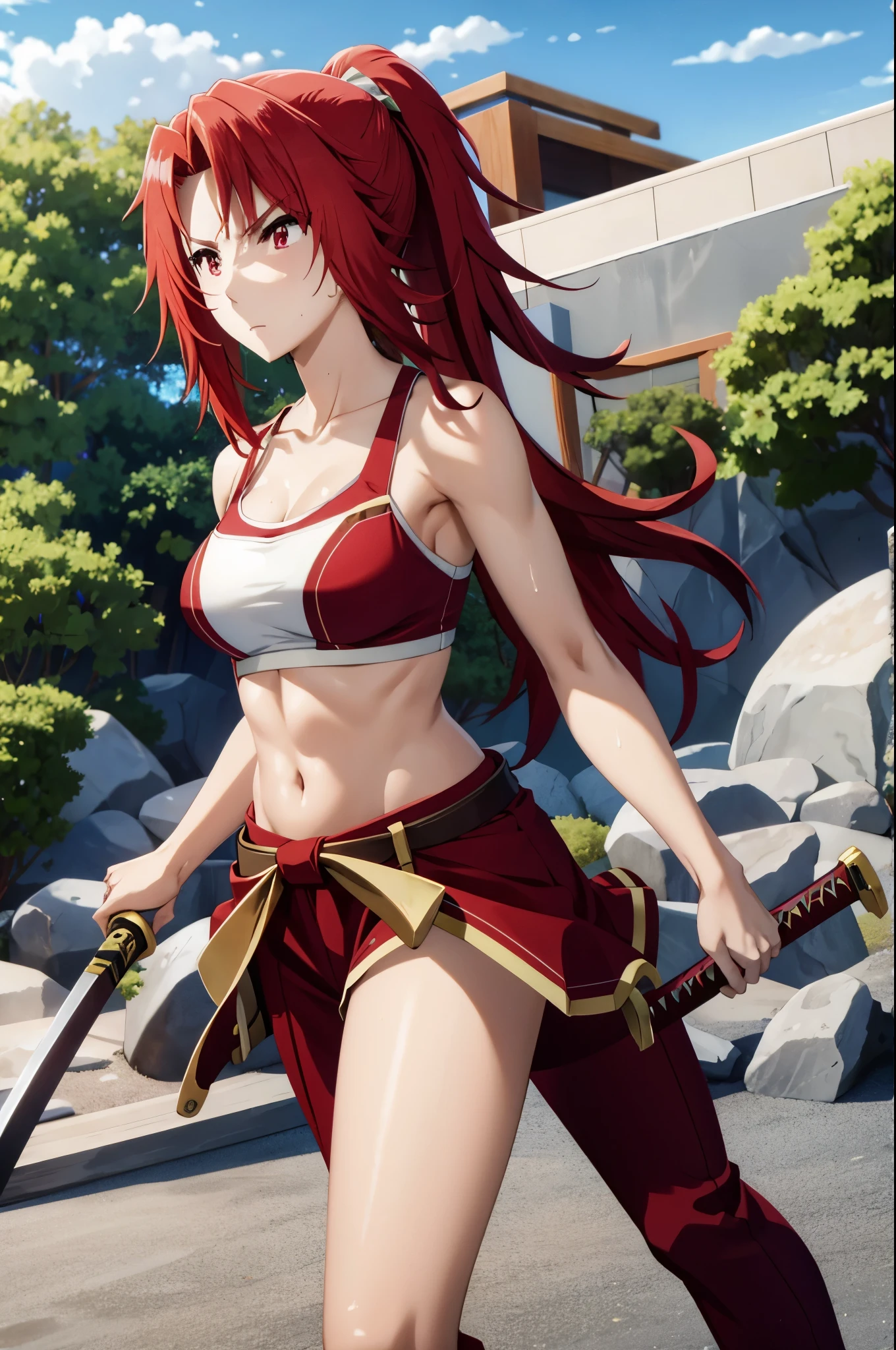 masterpiece, best quality, highres, fairy tail, 1girl, long hair, red hair, ponytail, white ribbon, hair over one eye,red eyes, large breasts, collarbone, chest sarashi, bandage, bare arms, midriff, red hakama, red pants, standing, holding weapon, sword, katana, outdoors, muscular female, sweating, wet, steaming body,