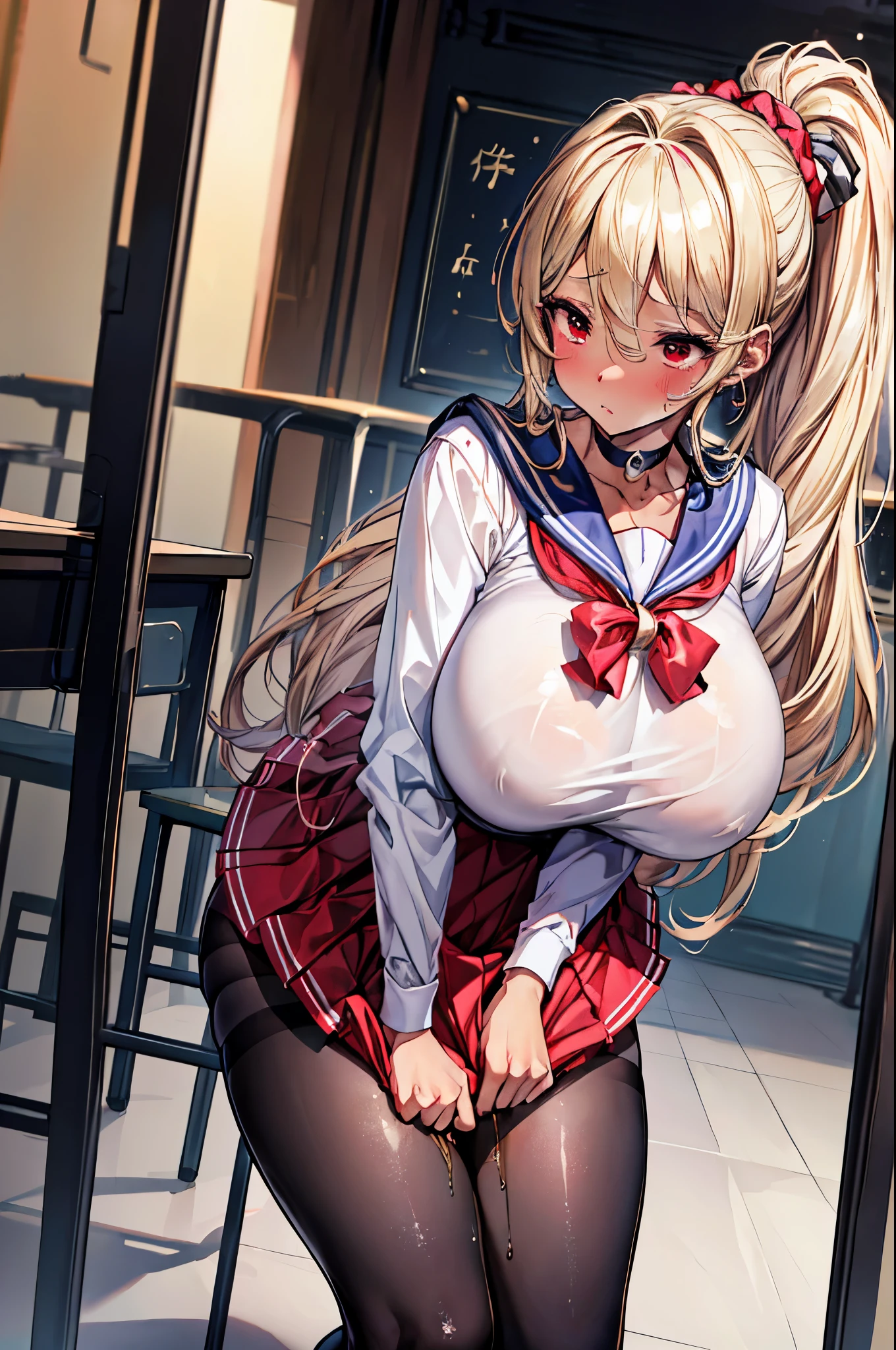 (masterpiece:1.2、highest quality、T Masterpiece)、1 female、alone、classroom、Day、stand、blonde、ponytail、red eyes、(sailor suit:1.4)、(black skin:1.4)、big breasts、pantyhose、corset、earring skirt、lipstick、very sweaty、Scrunchie、choker、blush、pull the skirt、(pee in a cup:1.2)