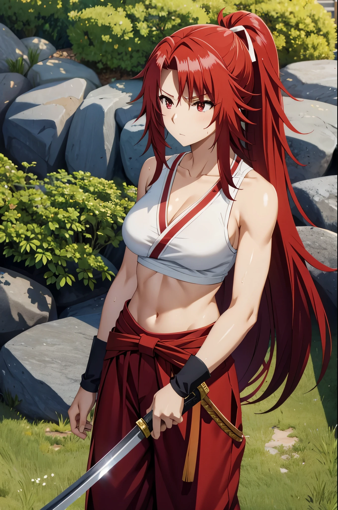 masterpiece, best quality, highres, fairy tail, 1girl, long hair, red hair, ponytail, white ribbon, hair over one eye,red eyes, large breasts, collarbone, chest sarashi, bandage, bare arms, midriff, red hakama, red pants, standing, holding weapon, sword, katana, outdoors, muscular female, sweating, wet, steaming body,