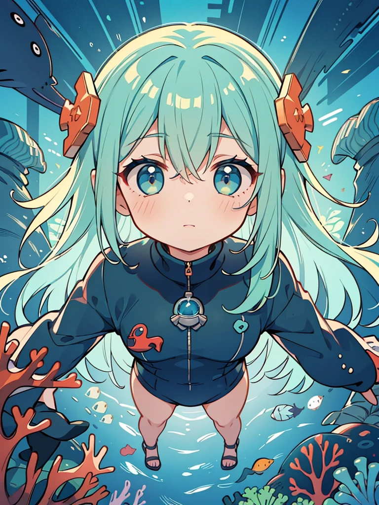 (masterpiece, highest quality, Super detailed, best shadow), (beautiful and detailed face:1.3),(alone), (family_friendly:0.8),high contrast, ultra high resolution,(one girl in the deep sea:1.6),(Diving and interacting with whales:1.3),full body, diving suit,refract light from above,shine_light,bright seaweed,colorful coral, looking for_far away, tropical fish,(turbulence disturbed hair:1.2),([green|Silver] hair:1.1) 