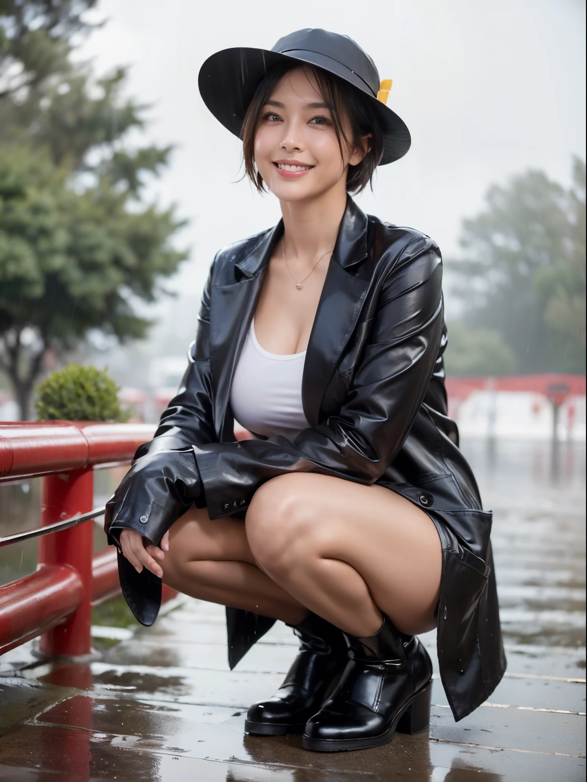 (Raw photo:1.2), (realistic:1.4),beautiful detailed woman,非常にfine eyesと顔, fine eyes, Super detailed,High resolution, very detailed,highest quality,enlightenment,unified,8k wallpaper,masterpiece,highest quality,1 female,alone,rich,Full body Esbian,(standard body shape)、(D cup breasts:1.1),There'Foot meat,slim waist,alone,(Close the front of the black raincoat)、(black rain boots , rain hat:1.2 ),jewelry necklace short hair,gentle smile,dignified atmosphere,black eye,realistic,(california parks:1.4) , (morning:1.2)、(in the heavy rain:1.6)、(stand up:1.5)