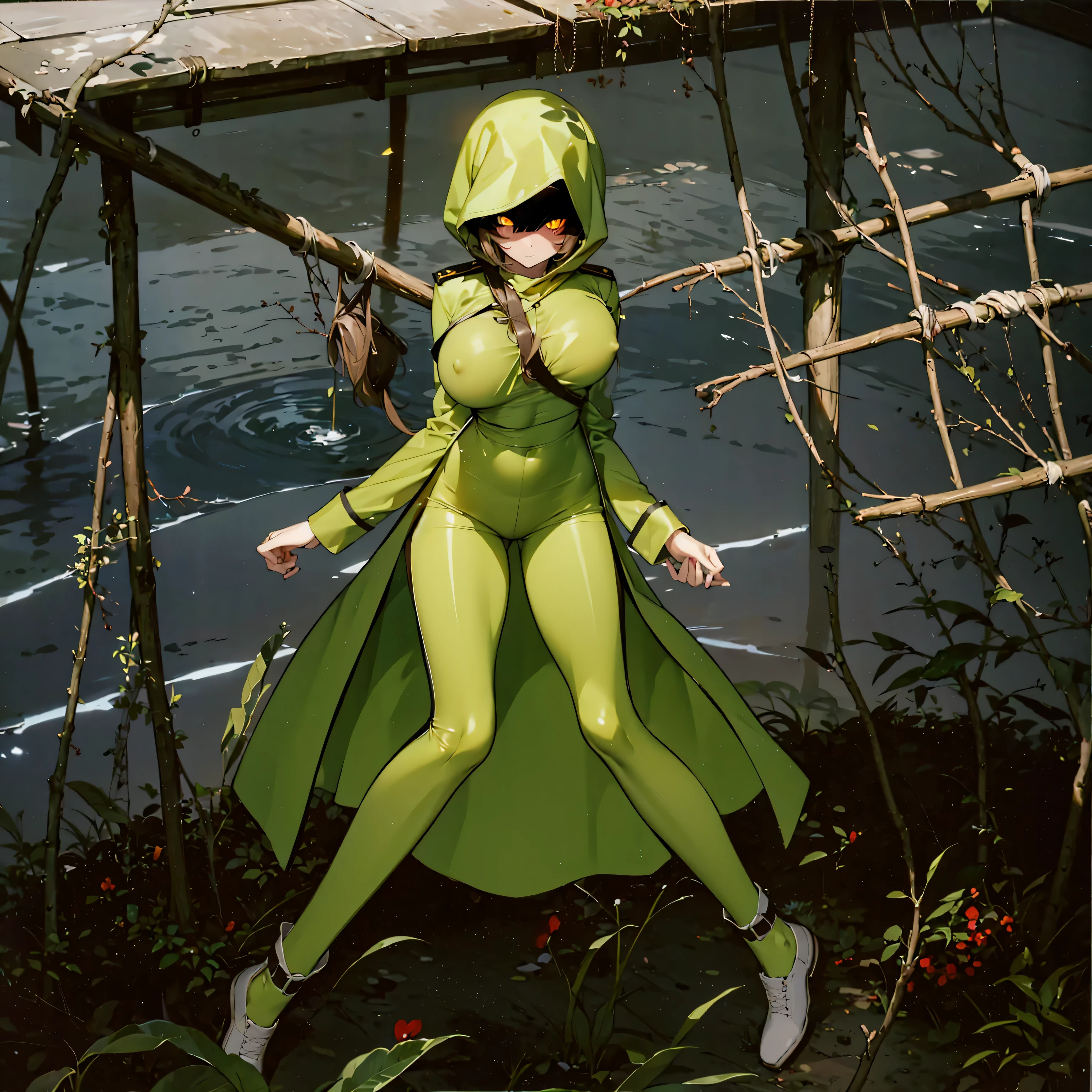 (solo cute girl standing in trench:1.3), (light brown hair:1.2) , (very long legs), (skinny long legs), (very short torso), BREAK, (open legs:1.2), tiptoe, pigeon toed, BREAK, (bouncing unaligned large breasts:1.2), perky breasts, thin waist, BREAK, (dark brown military uniform:1.4), (hood covers face), trousers, military boots, BREAK, nose blush, looking at viewer, BREAK, (glowing golden eyes:1.6), BREAK, (wire entanglement fence in background), BREAK, (masterpiece, best quality, ultra-detailed:1.5), (nsfw:0.8), coverd erectile nipples, cameltoe, (belt sash squeezing unaligned breasts)