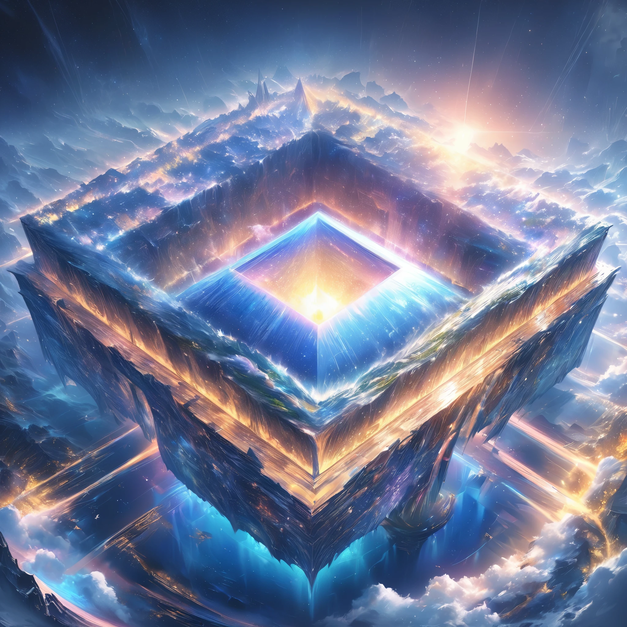 (best quality,,high resolution,masterpiece:1.2), Magical scenery at sea,There is a huge square structure in the middle, ,divine light,The huge square structure exudes a sacred light,realism | bipur, bipur daily art, alien architecture, futuristic architecture art, bipur. hyperrealism, bipur |, bipur!!, 通过bipur, bipur style, bipur masterpiece, inspired by starry night