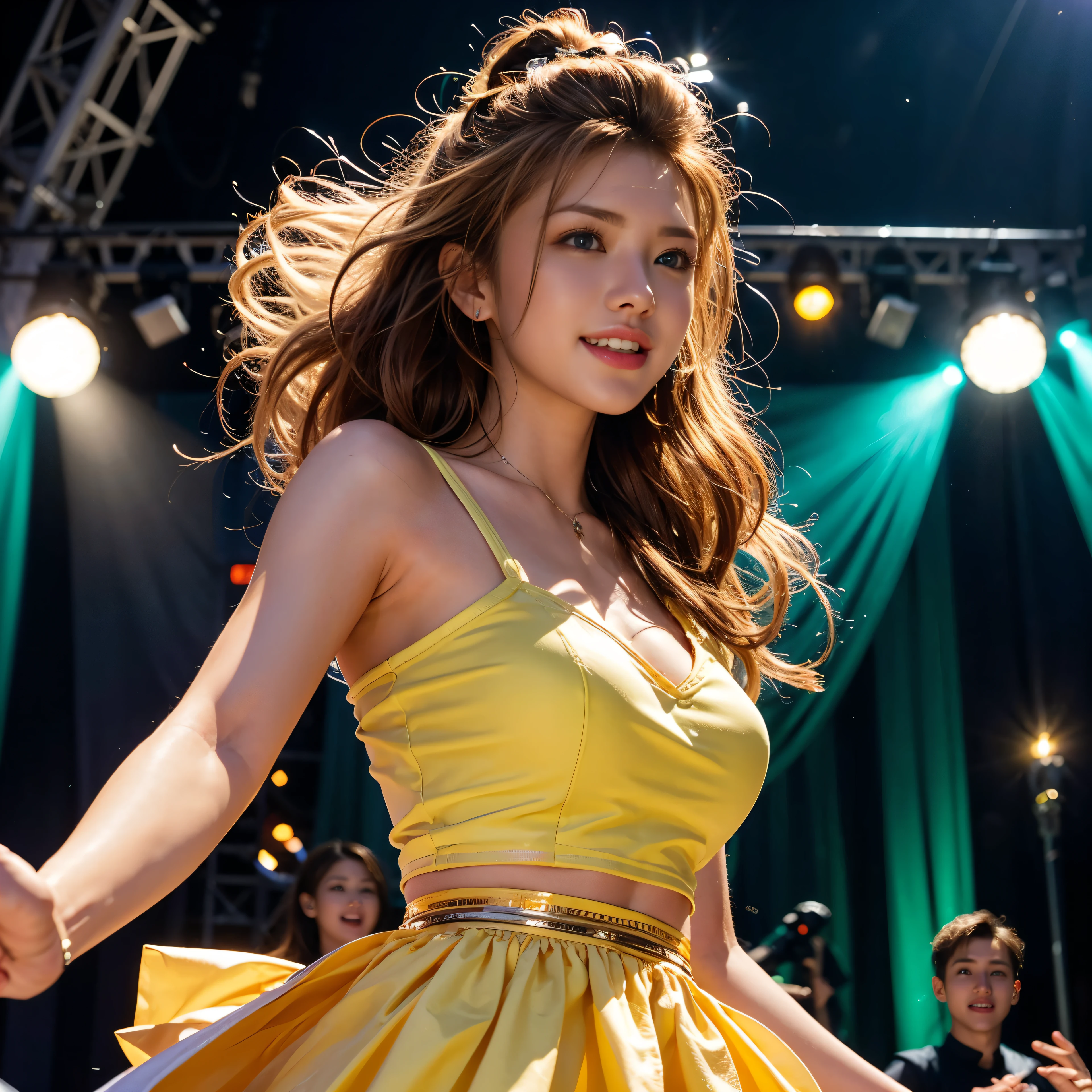 highest quality、Super fine、real、cowboy shot、top idol、beautiful detailed eyes、beautiful detailed lips、Girl in the Garden、professional、Bright colors、soft lighting、media:oil、glamorous、stylish、confident look、shiny hair、 Shining stage、Energetic dance moves、Devil-themed costume、perfect makeup、enthusiastic fan、Concert atmosphere、dynamic pose、Fans waving penlights、celebrity、High resolution、Stage Spotlight、Fantasy-like background、fun atmosphere、upbeat music、Unforgettable performance、 A memorable concert experience、expressive face、lively atmosphere、happy smile、Excitement and cheers、Excellent vocal skills、Stage presence、Superstar aura、a moving presence、An unforgettable idol experience、vivid description、Outstanding Personality、Talented performers、Iconic idol、enthusiastic fan、 A wave of passion and support、Huge cheers and applause、Hugely popular、charisma on stage、Unforgettable performance、Moment of emotion