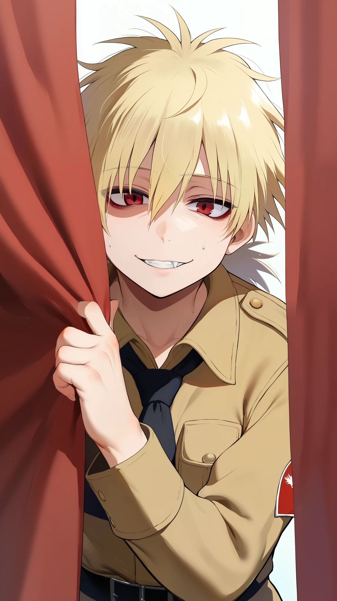 score_9_up score_8_up score_7_up, 1girl hellsing, messy hair, seras, just woke up, tired,  vampire, fangs, detailed, iku, ikuchan, peeking out, curtains, smile, blonde hair, red eyes