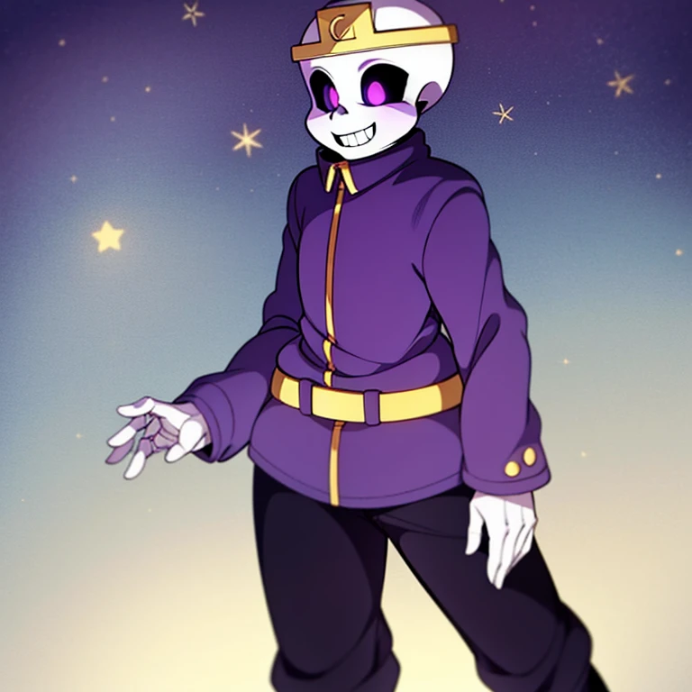 nightmare!sans, skeleton, dark purple jacket, black pants, dark purple boots, lavender pupils, smiling, golden moon crown, goldev belt has NM sign, standing still, solo, eye holes, dark eyes, cartoon, cartoon eyes