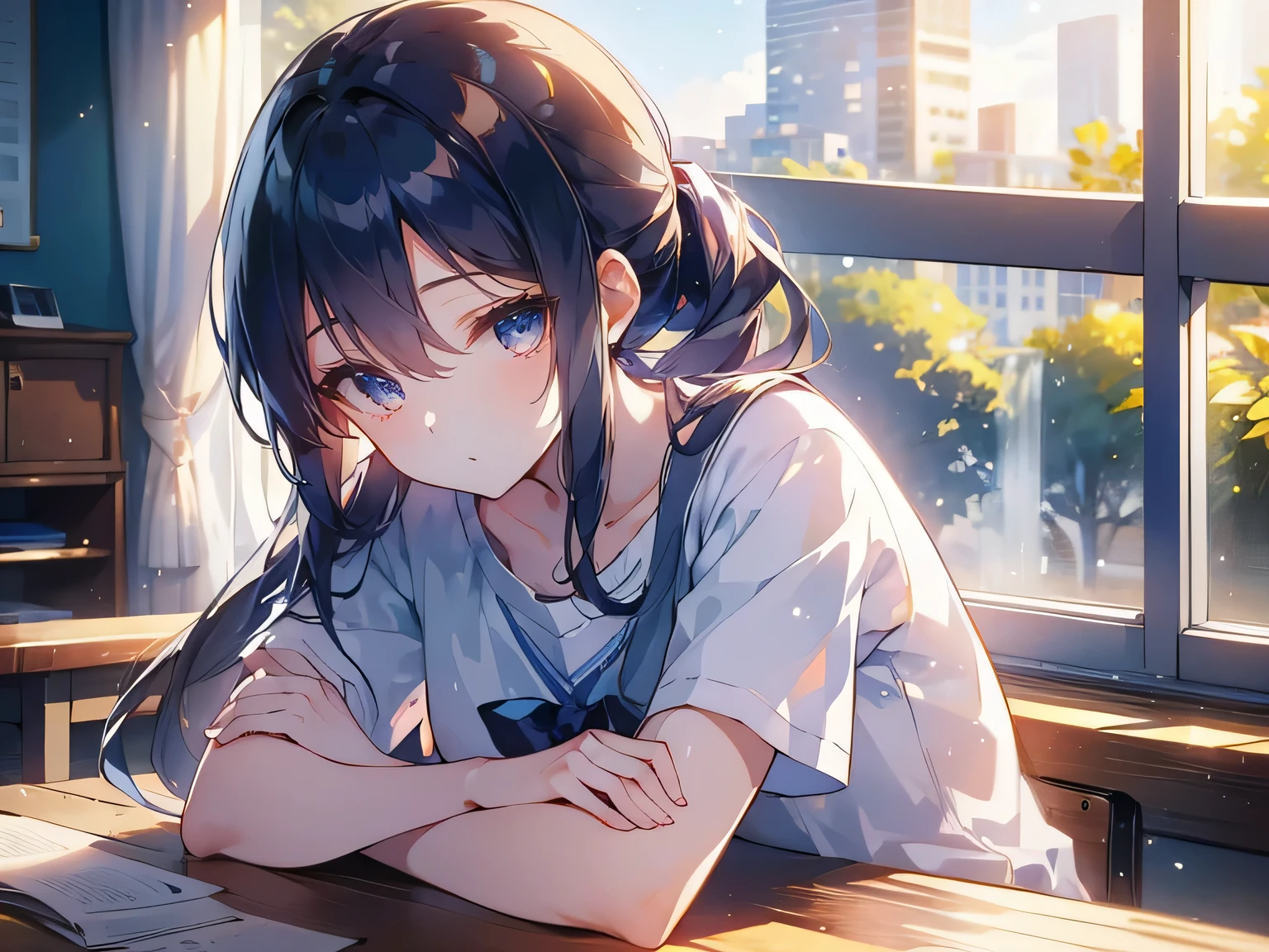 beauty,masterpiece,Highest quality,Exquisite details,Cover your hands,Empty classrooms,The evening sun shines in from the window,Girl wearing blue T-shirt school uniform,sitting,Lie your upper body on the table,long ponytail,Beautiful