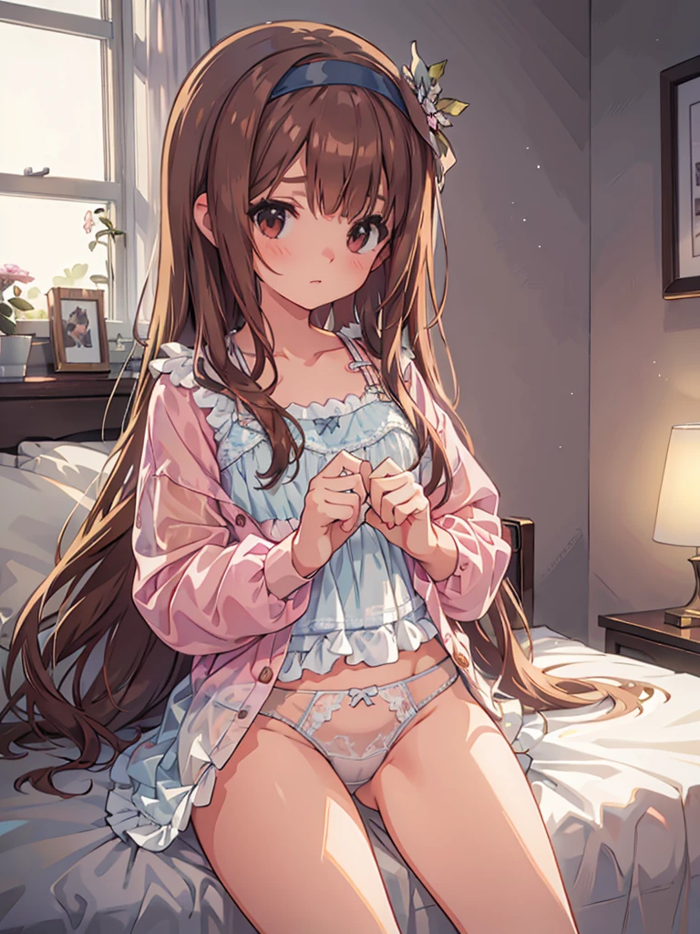 beautiful illustrations, highest quality, pretty girl, 1girl, Bedroom, pastel colour, (two-separated lingerie), reddish brown long hair, headband, cute lingerie, bright lighting