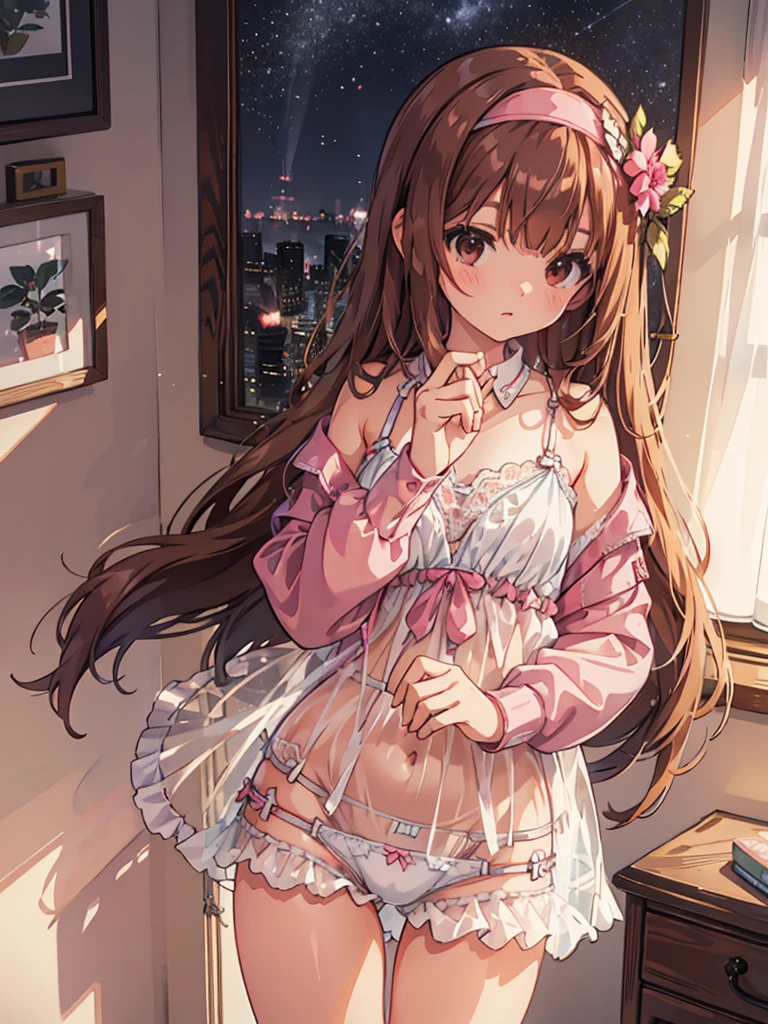 beautiful illustrations, highest quality, pretty girl, 1girl, Bedroom, pastel colour, (two-separated lingerie), reddish brown long hair, headband, cute lingerie, bright lighting