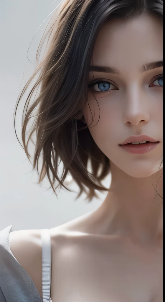 8k uhd、RAWphotograph、モデルphotograph撮影、Russian Race, European race, (masterpiece, highest quality, photorealistic, High resolution, photograph: 1.3), Close-up, Focusing, hot models, slim, 30 year old mature woman、small face、short cut hair、dark brown hair、Detailed beautiful eyes、realな肌, (perfect body), Sexy hot face, erotic, sexual gaze, slim, Sweat top, Detailed beautiful eyes、glossy lips、small breasts、、bust B cup、((bright light、dynamic lighting、real、超real、 realism、realistic details、Cool Beauty、cool pose、background gray、Plain gray background