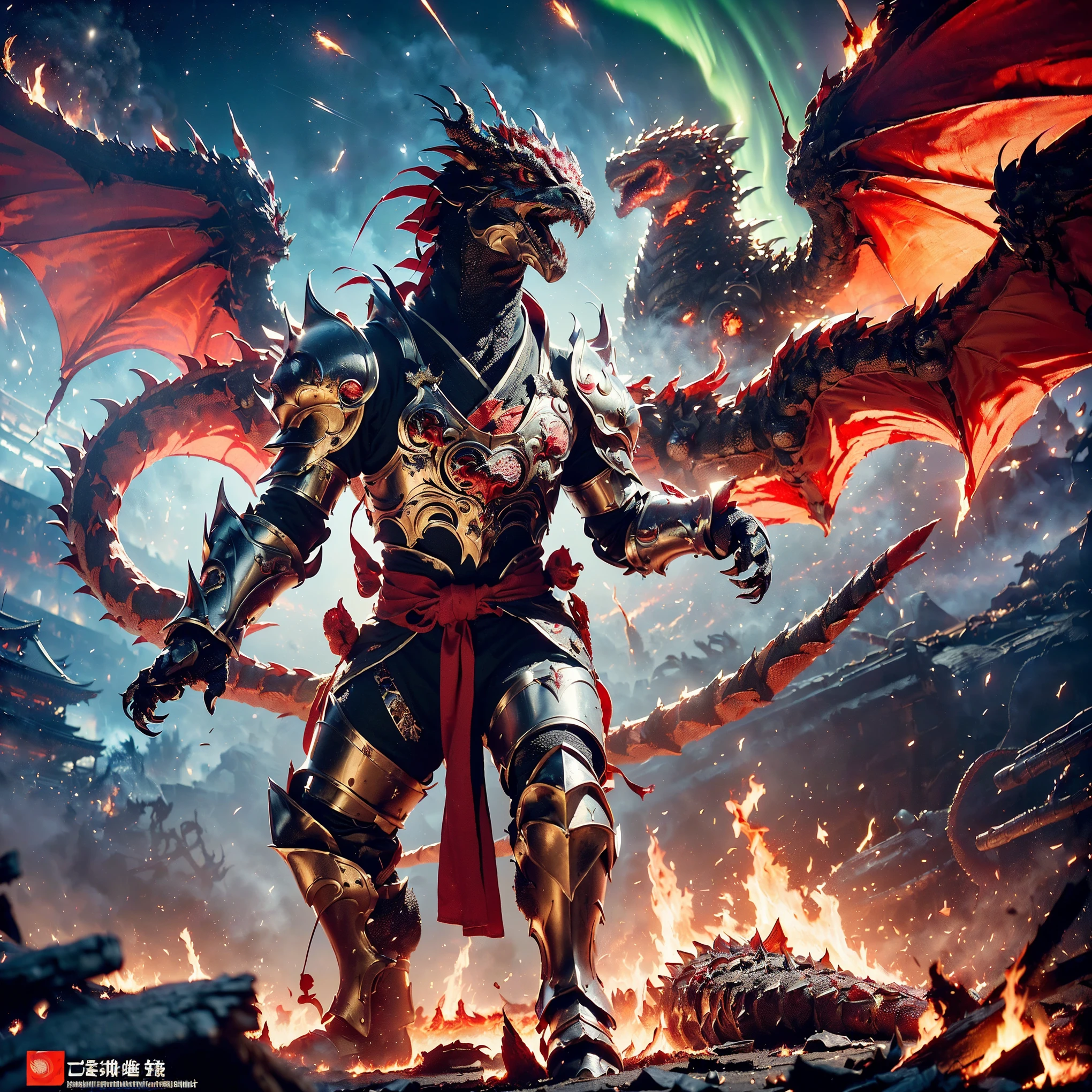 (((Realistic, masterpiece, best quality, crisp detail, high definition, high detail, very rich detail, sharp focus, sharp detail, colorful, rich color, perfect studio lightning))), ((20 years old, beautiful goddes of destructions, red hair)),(((in the middle of war, epic war scene, offensive stance))), wearing (((beautiful decorated golden heavy armor, fire dragon armor, decorated full body armor, fully armored beautiful kimono, wide fire wings))), (holding giant fire), (((blood everywhere, death everywhere, japan bakumatsu period, dead bodies, fire demons, burnt japanese castle, fire dragons, kaiju,meteor shower, godzilla, aurora)) flooded by molten lava traditional village background), heavy fire rain,