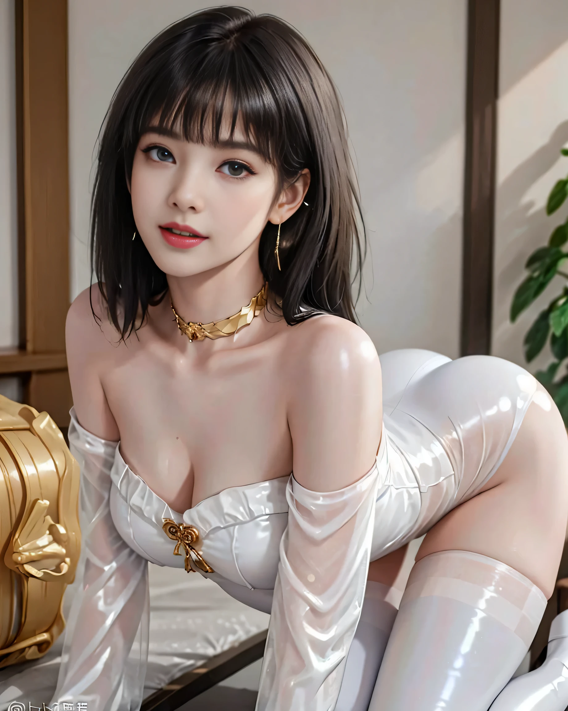 8K, highest quality, intricate details, Super detailed, ultra high resolution, masterpiece, 1 girl、Bjorf,random angle, thin, smile,black hair,,short hair and long hair,gold hair band, hair ornaments,side lock,gold earrings,off shoulder,black pantyhose, (Medium chest: 1.2),choker,thigh boots, long and sexy legs,(white skin), ((masterpiece:1.4)、(highest quality:1.4)、(realistic:1.7))、 ((spy family)), ((Assassin Suit Dress)), ((Cosplay Dresses)), Ultra-realistic portraiture、Super beautiful queen、((1 girl:1.4))、Radiant natural skin texture、(reveal sexy clothes)、(luxury shiny latex:1.4)、(Luxury White Latex Tights:1.4)、19 years old(perfect female body:1.4)、(upper body shot)、(thigh gap:1.5)girl portrait photography、close up photo、fantasy art、soft front light、beautiful features、cute face、beautiful breasts、beautiful butt、upturned butt,detailed eye、Clear and eye-catching, beautiful and charming eyes、beautiful eyes、tight waist