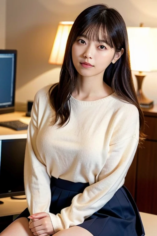 highest quality, 16k, girl, 48 years old, Raw photo, professional photography, portrait, late night office,dark lighting、 Weak contrast、professional lighting, alone, sitting in front of the computer、笑face, close,  face, close, cute, girly, goddess, 繊細なgirl, pure beauty, Digital single-lens reflex camera, avert your eyes, Frank, Sophisticated, film grain, (目とfaceの詳細:1.0), long hair swaying in the wind, bangs, (A tight white cashmere sweater that hugs the breasts、Ｖneck)、navy pleated skirt、smooth and beautiful thighs、beautiful feet、(big breasts:1.6)、cleavage、cute hanging eyes、