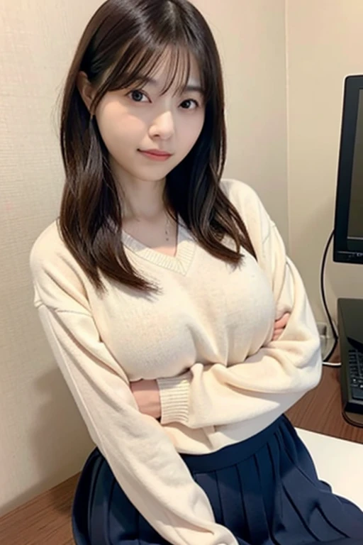 highest quality, 16k, girl, 48 years old, Raw photo, professional photography, portrait, late night office,dark lighting、 Weak contrast、professional lighting, alone, sitting in front of the computer、笑face, close,  face, close, cute, girly, goddess, 繊細なgirl, pure beauty, Digital single-lens reflex camera, avert your eyes, Frank, Sophisticated, film grain, (目とfaceの詳細:1.0), long hair swaying in the wind, bangs, (A tight white cashmere sweater that hugs the breasts、Ｖneck)、navy pleated skirt、smooth and beautiful thighs、beautiful feet、(big breasts:1.6)、cleavage、cute hanging eyes、