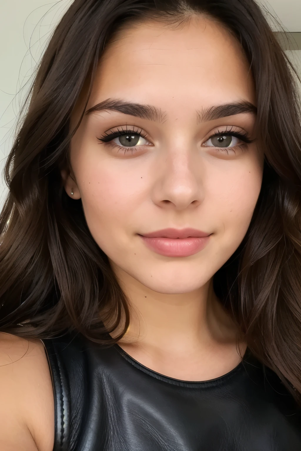 photograph of a woman, (cute expression), ultra textured leather, goosebumps, Hot brunette , Dress, full face, Face Looks Straight,, Perfect eyes, (brown), face close up