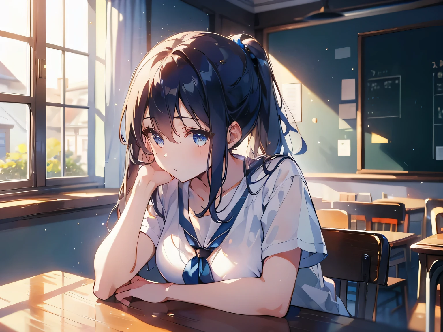 beauty，masterpiece，Highest quality，Exquisite details，Empty classrooms，The evening sun shines in from the window，Girl wearing blue T-shirt school uniform，sitting，Lie your upper body on the table，long ponytail，Beautiful