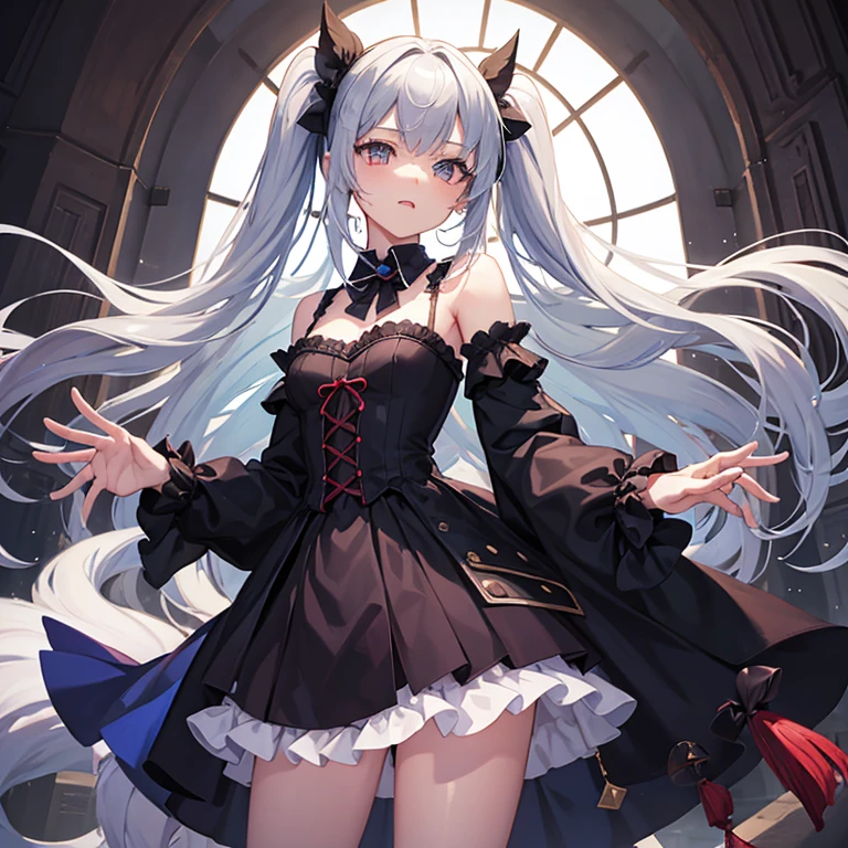 1 chica, frederica bernkastel, Golpes, blue arco, pelo azul, blunt Golpes, arco, agarre del pecho, cola de gato, brazos cruzados, vestido, pelo largo, mangas largas, ojos morados, fondo sencillo, solo, tail arco, adorno de cola, cola levantada, cinta de cola