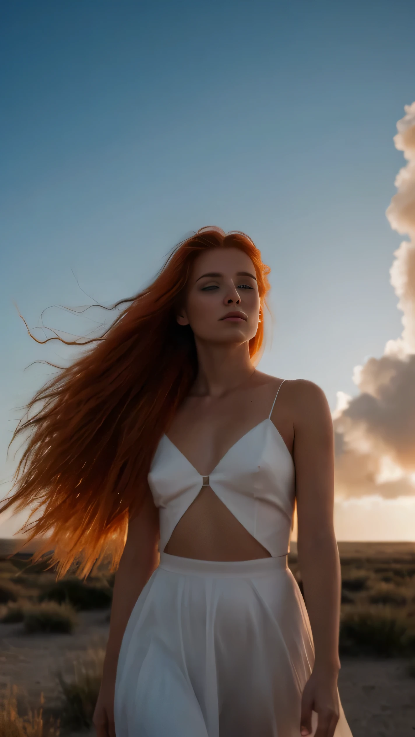 une photographie d&#39;une femme rousse aux tresses balayées par le vent, her hair tangled like flames on a twilight sky, emanating from&#39;an untamed beauty