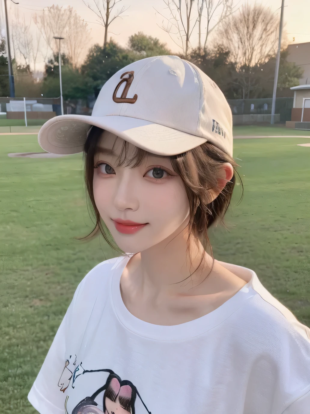Best image quality、original photo、ultra high resolution、21 years old Korean、small breasts、dynamic angle、Cowboy shooting、The most beautiful form of chaos、elegant、Innovative design、bright colors、,light brown short hair、disheveled hair、light brown eyes 、black baseball cap(Facial expressionSmile)、short bob、Smile、Fair and shiny skin、beautiful eyes,random colors、The details are very beautiful、thin lips、Delicate and beautiful eyes、elongated eyes、Pale pink cheeks、long eyelashes、beautiful double eyelids、eye shadow、he、White Large T-shirt Sweatshirt、baggy pants、Shot from the side、sexy pose、enlarge