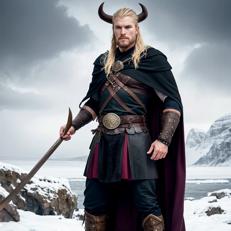 Vikings, with black cape. focus on the face.
