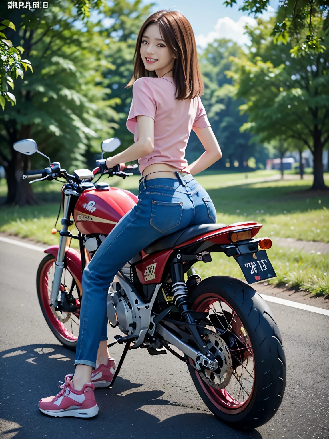 ((highest quality)), ((masterpiece)), ((perfect face))、(Detailed motorcycle)、8K、Realistic and clear photos、((riding a motorcycle))、slender body、smile、chestnut hair、((Pink T-shirt, jeans and sneakers))、((full body shot))、(((back view)))
