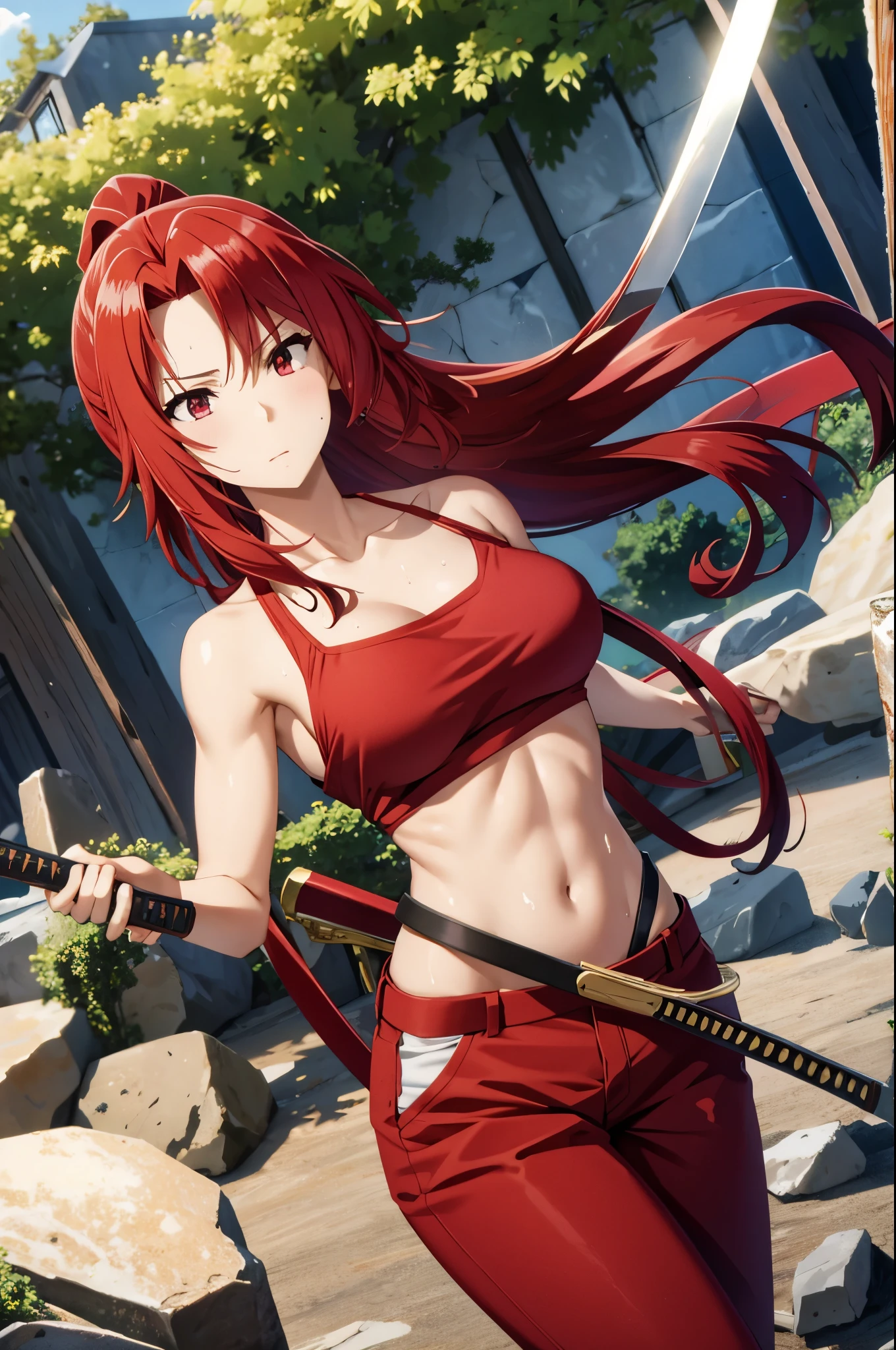 masterpiece, best quality, highres, fairy tail, 1girl, long hair, red hair, ponytail, white ribbon, hair over one eye,red eyes, large breasts, collarbone, chest sarashi, bandage, bare arms, midriff, red hakama, red pants, standing, holding weapon, sword, katana, outdoors, muscular female, sweating, wet, steaming body,
