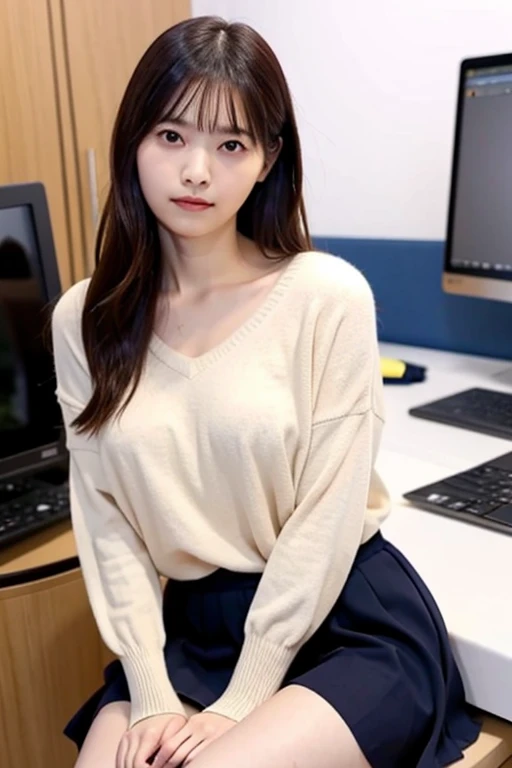 highest quality, 16k, girl, 48 years old, Raw photo, professional photography, portrait, late night office,dark lighting、 Weak contrast、professional lighting, alone, sitting in front of the computer、笑face, close, face, close, cute, girly, goddess, 繊細なgirl, pure beauty, Digital single-lens reflex camera, avert your eyes, Frank, Sophisticated, film grain, (目とfaceの詳細:1.0), long hair swaying in the wind, bangs, (A tight white cashmere sweater that clings to her breasts、Vneck)、navy pleated skirt、smooth and beautiful thighs、beautiful feet、(big breasts:1.6)、cleavage、cute hanging eyes、